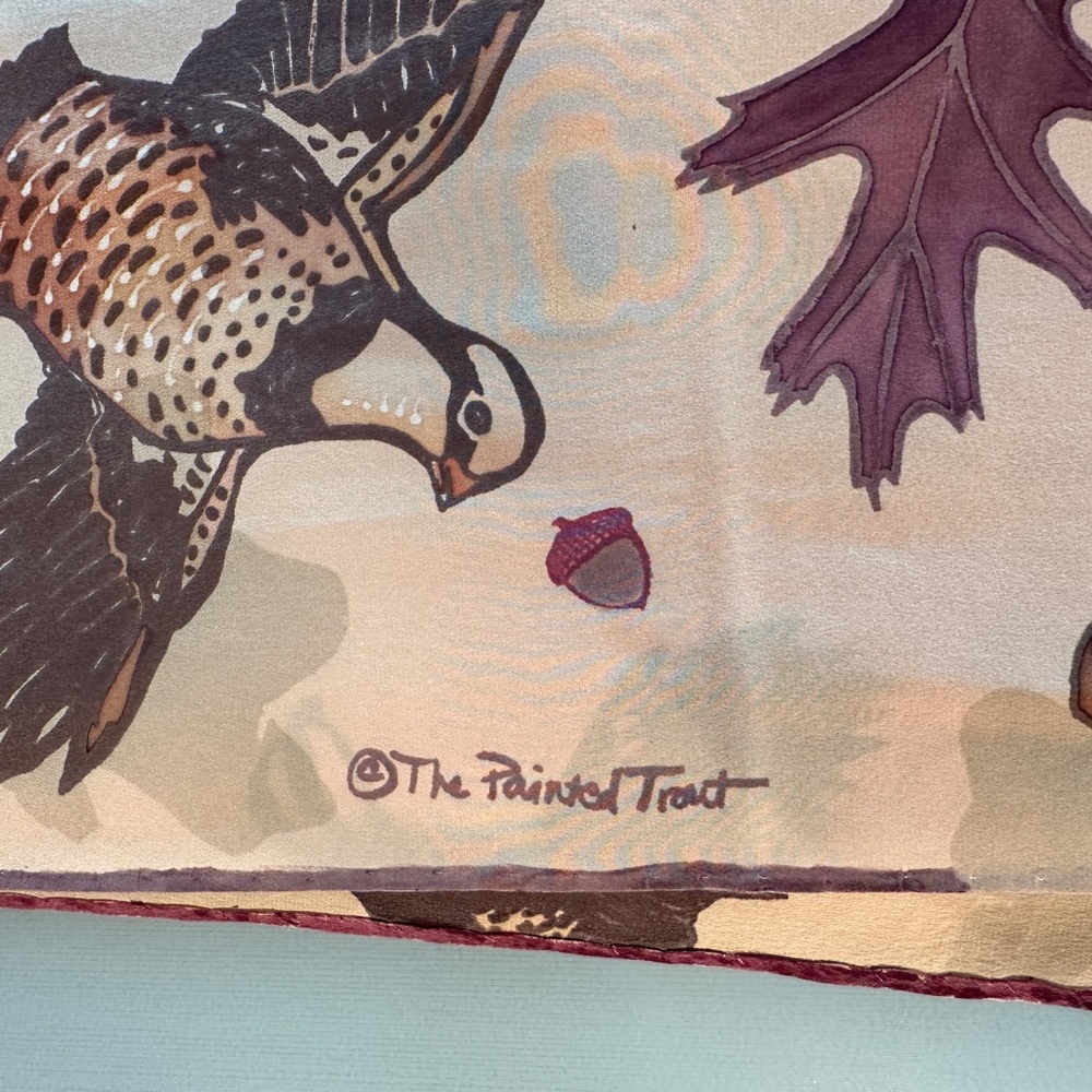 Handmade Silk Scarf, Original Design One-of-a-Kind Quails Grouse Leaves Tan - Picture 6 of 9